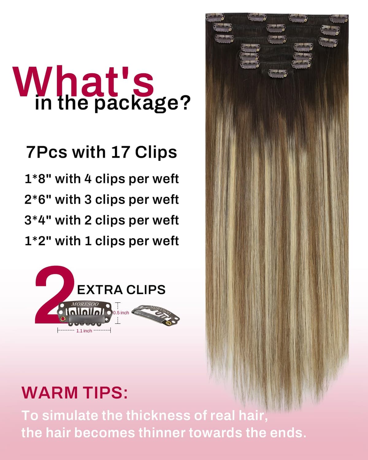 Moresoo Clip in Hair Extensions Real Human Hair Balayage Medium Brown and Blonde Real Hair Extensions Clip in Human Hair for Women Full Head 22 Inch 7pcs/120g #4/6/613 — view 3