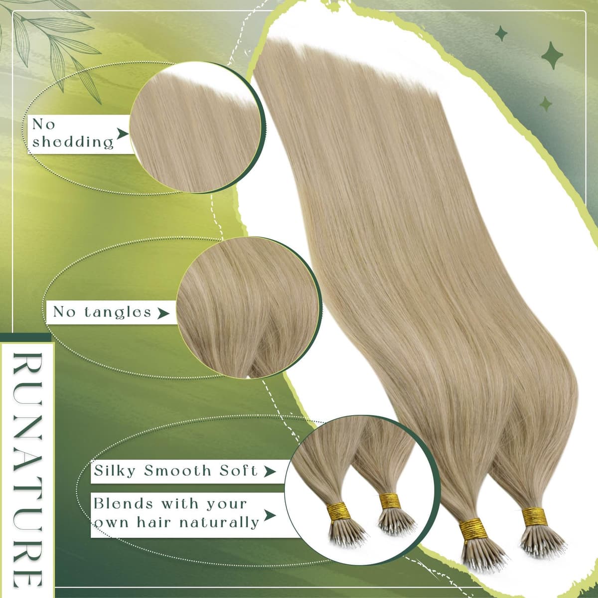 RUNATURE Nano Hair Extensions Real Human Hair Blonde Nano Beads Hair Extensions Highlight Light Brown with Ashy Blonde Invisible Nano Ring Straight Remy Hair 50s 12 Inch #16P22 — view 4