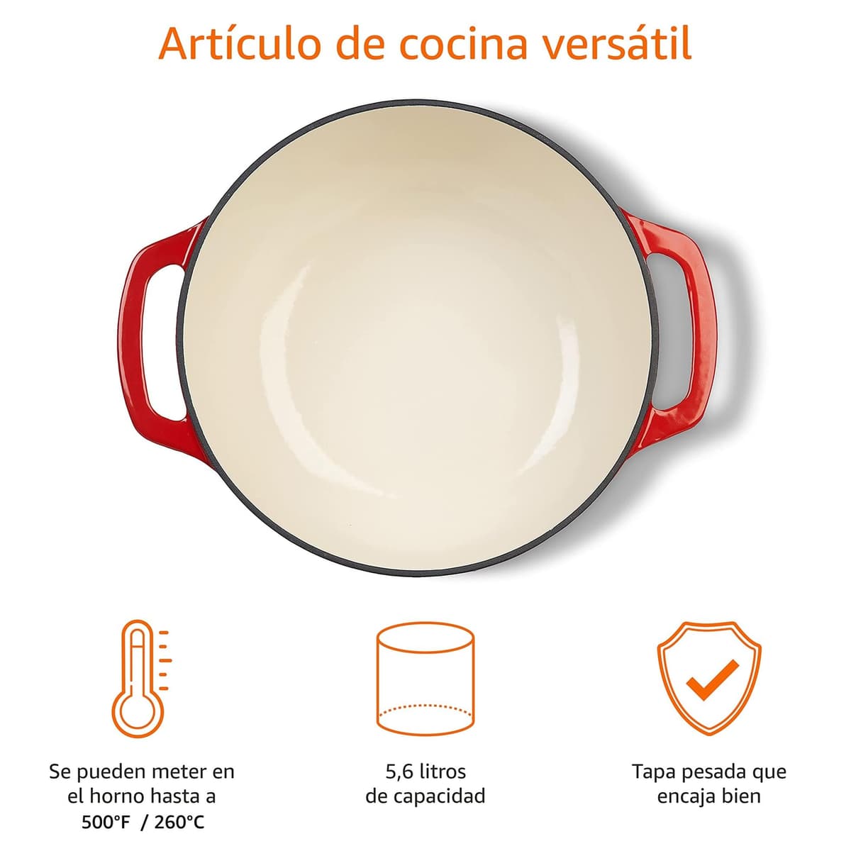 Amazon Basics Redondo Horno holandés de hierro fundido esmaltado, 5.7 L, Rojo — view 2
