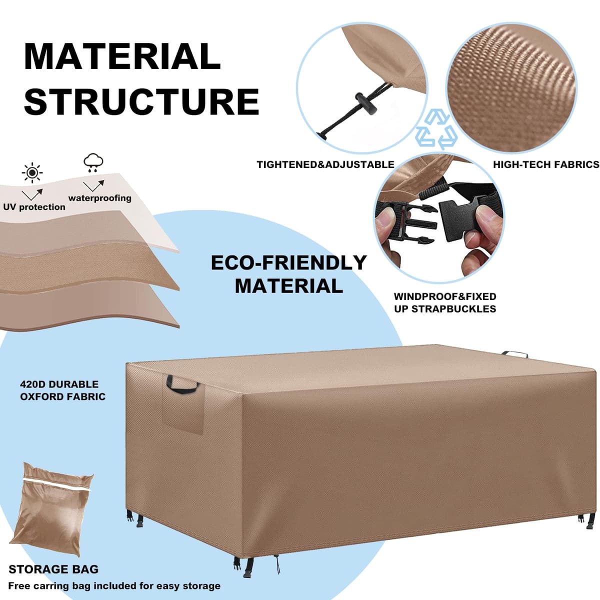 Funda para Muebles de Jardín Exterior, Funda Mesa Exterior Impermeable, Tela Oxford 420D, Anti Viento, Anti UV Funda Protectora Mesa Exterior con Salidas de Aire,Caqui,220x100x75 cm — view 2