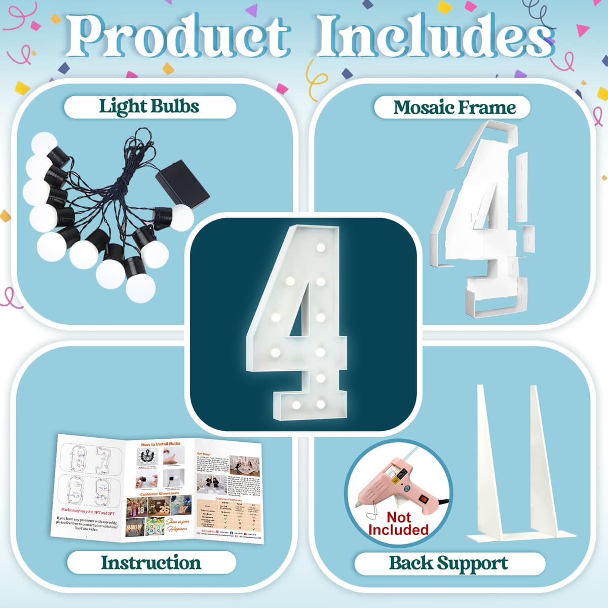 4FT Light Up Numbers Birthday Decoration Large Marquee Numbers 4 for 4th 40th Birthday Party Decor Wedding, Big Number Frame Foam Cardboard Mosaic Arch Stand Pre-cut Numbers — view 3