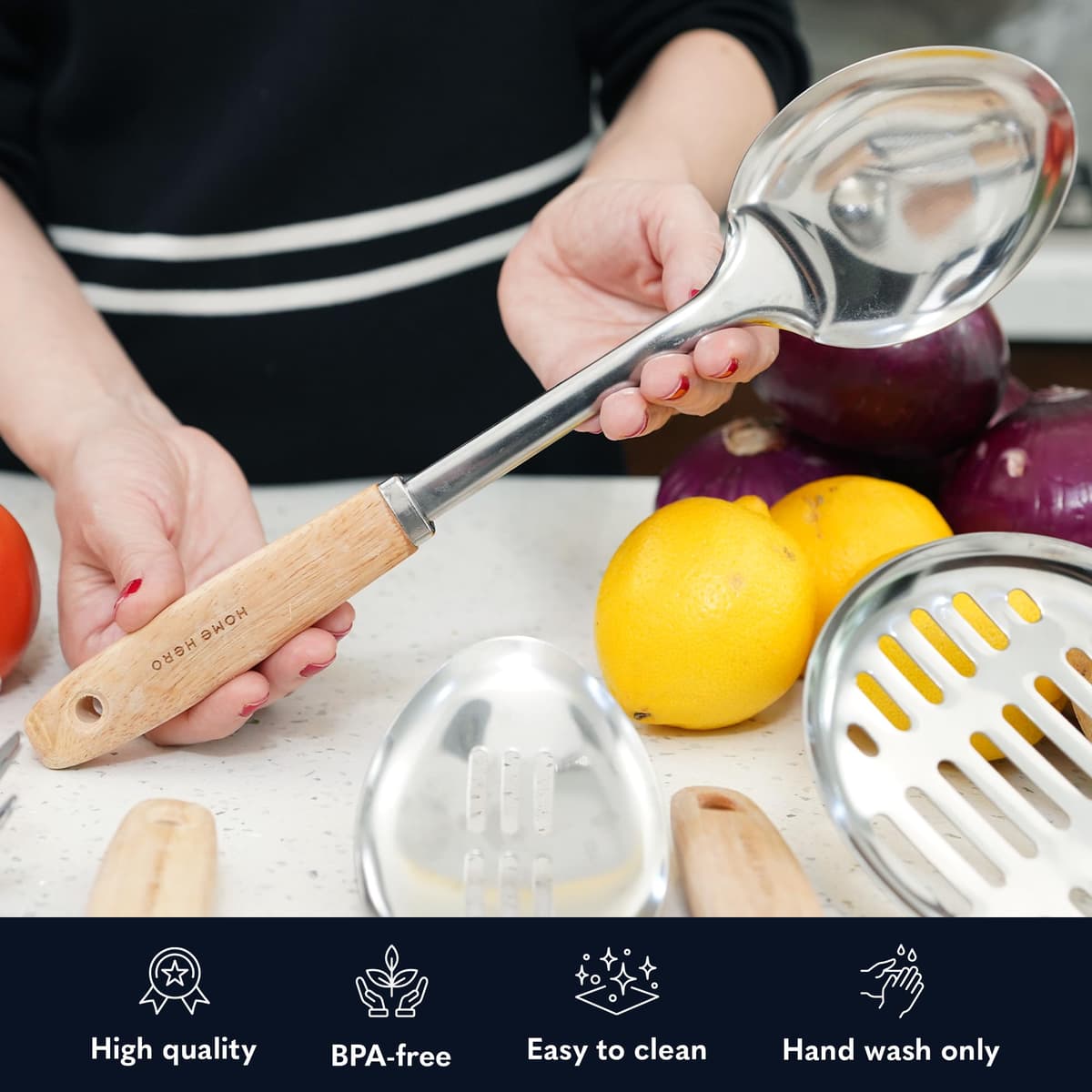 Home Hero Stainless Steel Kitchen Utensils Set - Nonstick Cooking Utensils Set - Heat Resistant Kitchen Essentials & Metal Kitchen Gadgets (10 pcs - Wood and Stainless Steel) — view 5