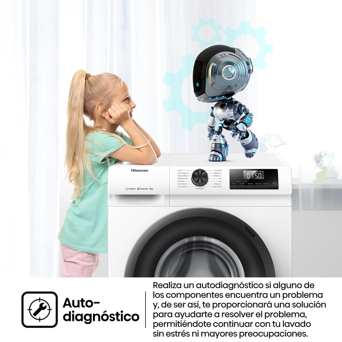 Hisense WF1Q8041BW2 - Lavadora, Clase A, 8 Kg, 1400 rpm, Alto 85 cm x Ancho 60 cm, Color Blanco, Función Vapor 99,9%, Lavado Rápido+, Lavado Automático, Finalización Diferida, Tecnología Inverter — view 13