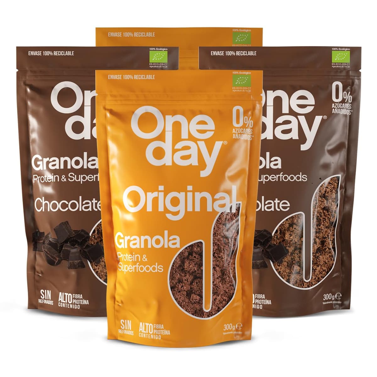 ONE DAY Granola Ecologica, Sin Azucares Añadidos, Alto en Proteína con Superfoods, Altro en Fibra, Pack 4 Variado x 300g (Pack Original x2 + Chocolate x2)