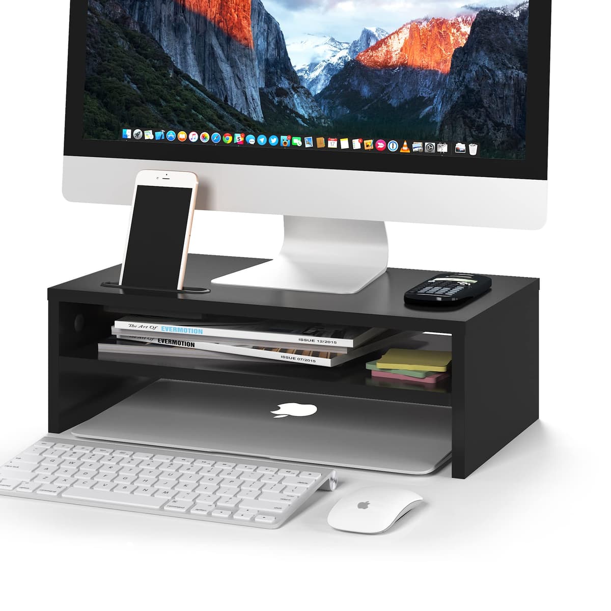 BONTEC Soporte Monitor Mesa Elevador Monitor Soporte Monitor Ordenador 2 Niveles Negro, W420 x D235 x H142mm con Soporte para Teléfono Inteligente y Gestión de Cables — view 2