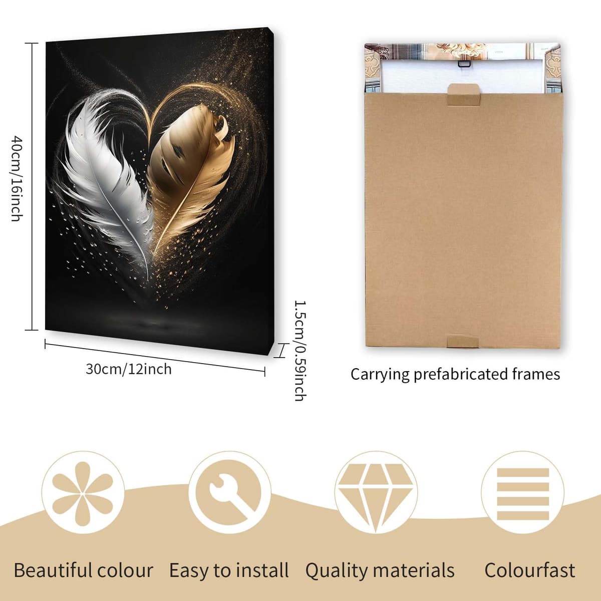 Qiukoo Framed Canvas Wall Art – Gold and Black Feather Heart Artwork, Waterproof Modern Print with Hook, Wall Decoration for Living Room or Bedroom, Elegant Pictures for Bedroom Walls – 12x16 Inch — view 2