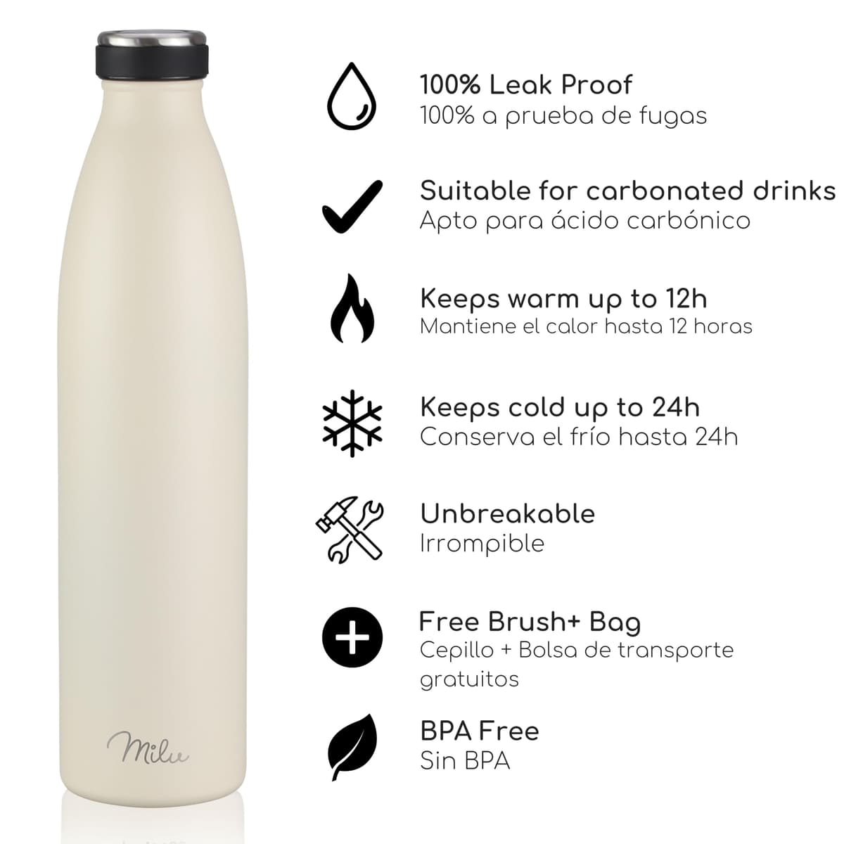 Milu Botella de acero inoxidable de 350ml 500ml 750 ml 1 L 1,5 L botella de agua aislada, termo a prueba de fugas, doble pared, apta para ácido carbónico + cepillo de limpieza (Azul Violeta, 350ml) — view 146