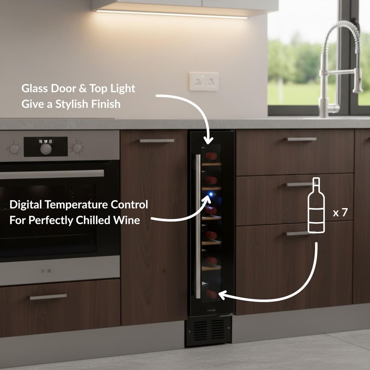 HYE Wine Cooler - Wine Fridge With 7 Bottle/22L Storage, 14.8CM Width, Wooden Shelves, LED Top Lighting, Temperature Range Adjustment, 39 dB Operation, Perfect For Kitchens & Home Bars - RF01WC7SB31 — view 4