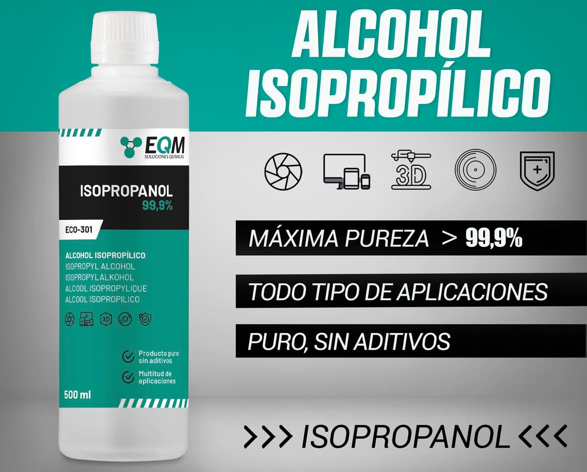 EQM - ECO-301 - Alcohol Isopropílico 99,9% - 500 ML - Isopropanol - Limpieza componentes electrónicos, objetivos y pantallas - Limpieza de resinas en impresión 3D - Limpiacristales y desengrasante — view 2