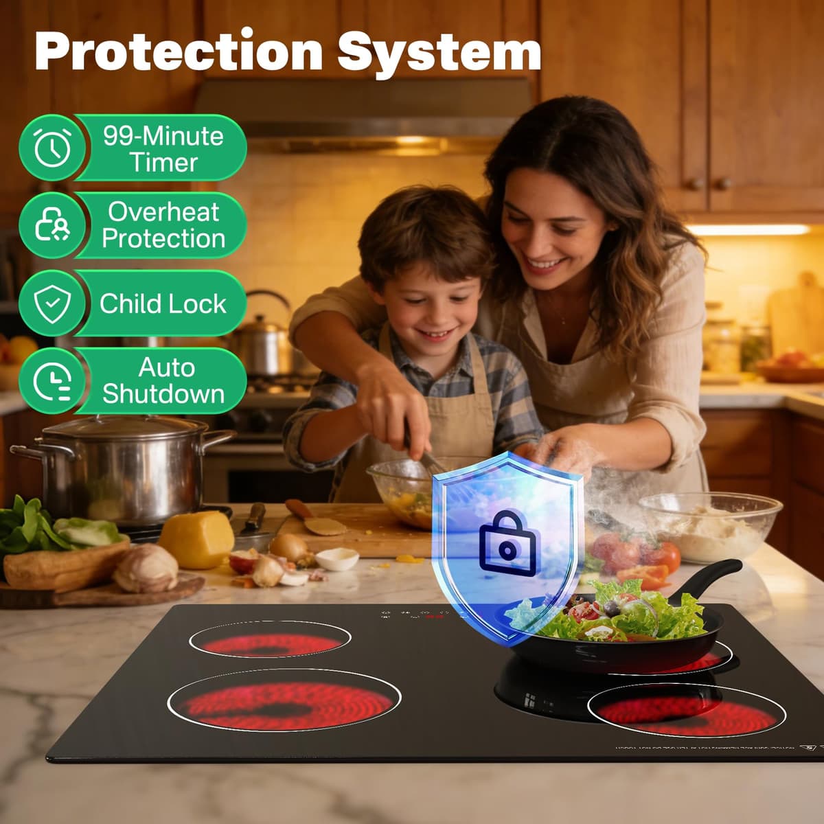 60cm Electric Ceramic Cooktop 4 Zones, 6000W Built-in Glass Ceramic Hob, Slider Touch Control, Single Ring Cooking Zones,No Plug 560×490mm — view 2