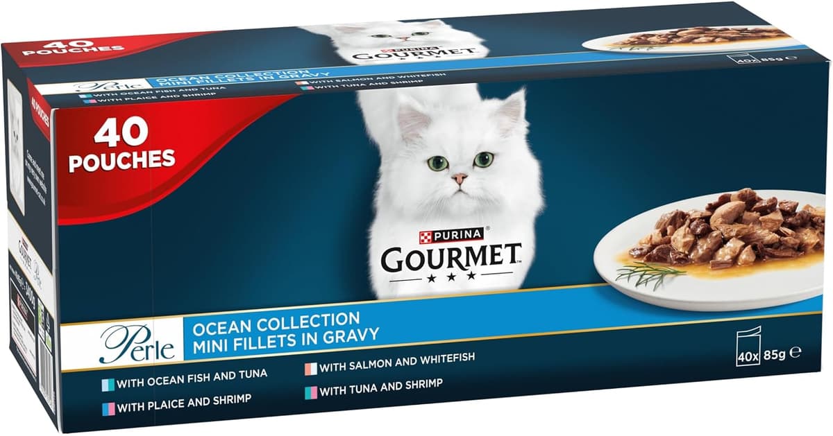 GOURMET Perle Ocean Collection Adult Wet Cat Food Mini Fillets in Gravy Tuna, Shrimp, Plaice, Salmon, White fish, Ocean Fish 40 x 85g Pouches — view 2