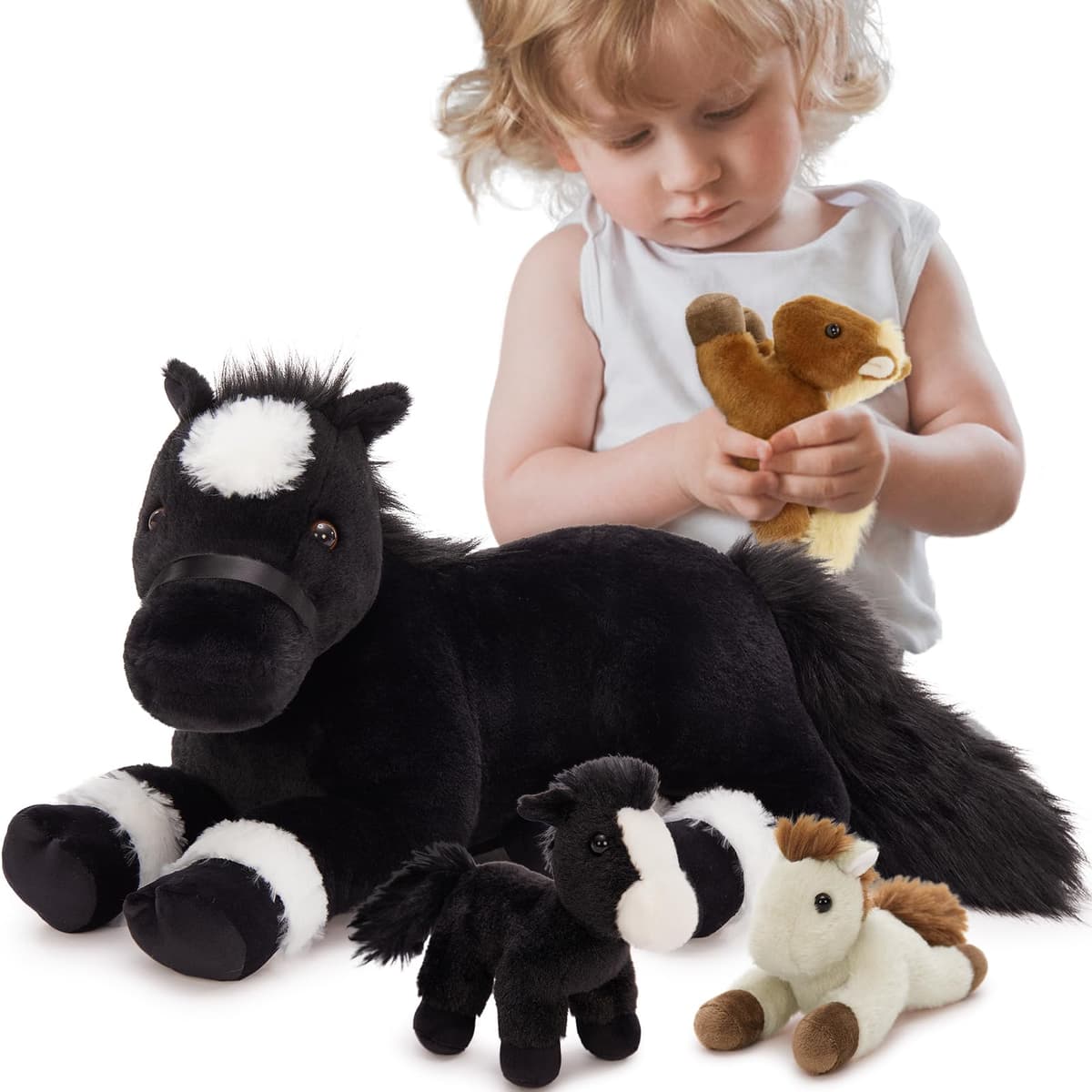 MorisMos Black Horse Teddy with Babies inside, Lifelike Cuddly Horses Pony Stuffed Animal Plush Soft Toys, Kawaii Presents for Kids Girls Boys Birthday Party Decoration (45cm)
