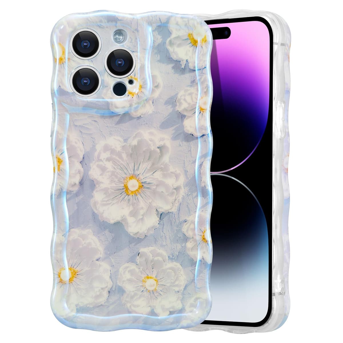 EYZUTAK Case for iPhone 16, Colorful Retro Oil Painting Printed Flower Laser Glossy Pattern Cute Curly Wave Edge Exquisite Phone Cover Stylish Durable TPU Protective Case for Girl Women-Green — view 38