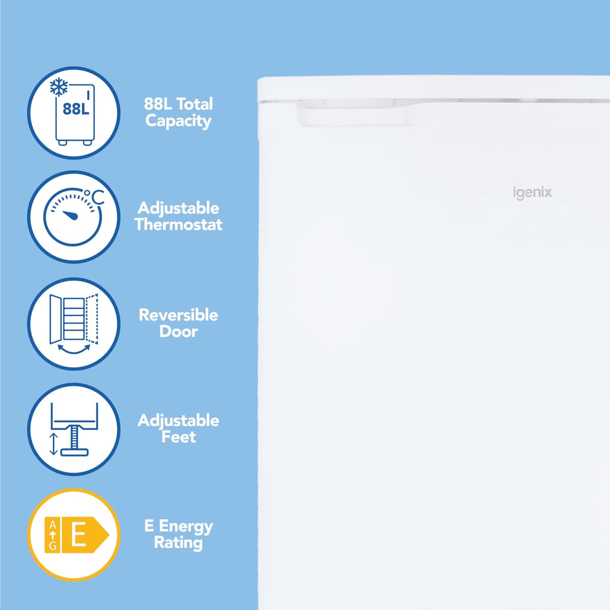 Igenix IG355W Freestanding Under Counter Freezer with 3 Large Drawers, Reversible Door, 88 Litre Freezer Capacity, 55 cm Wide, White — view 2