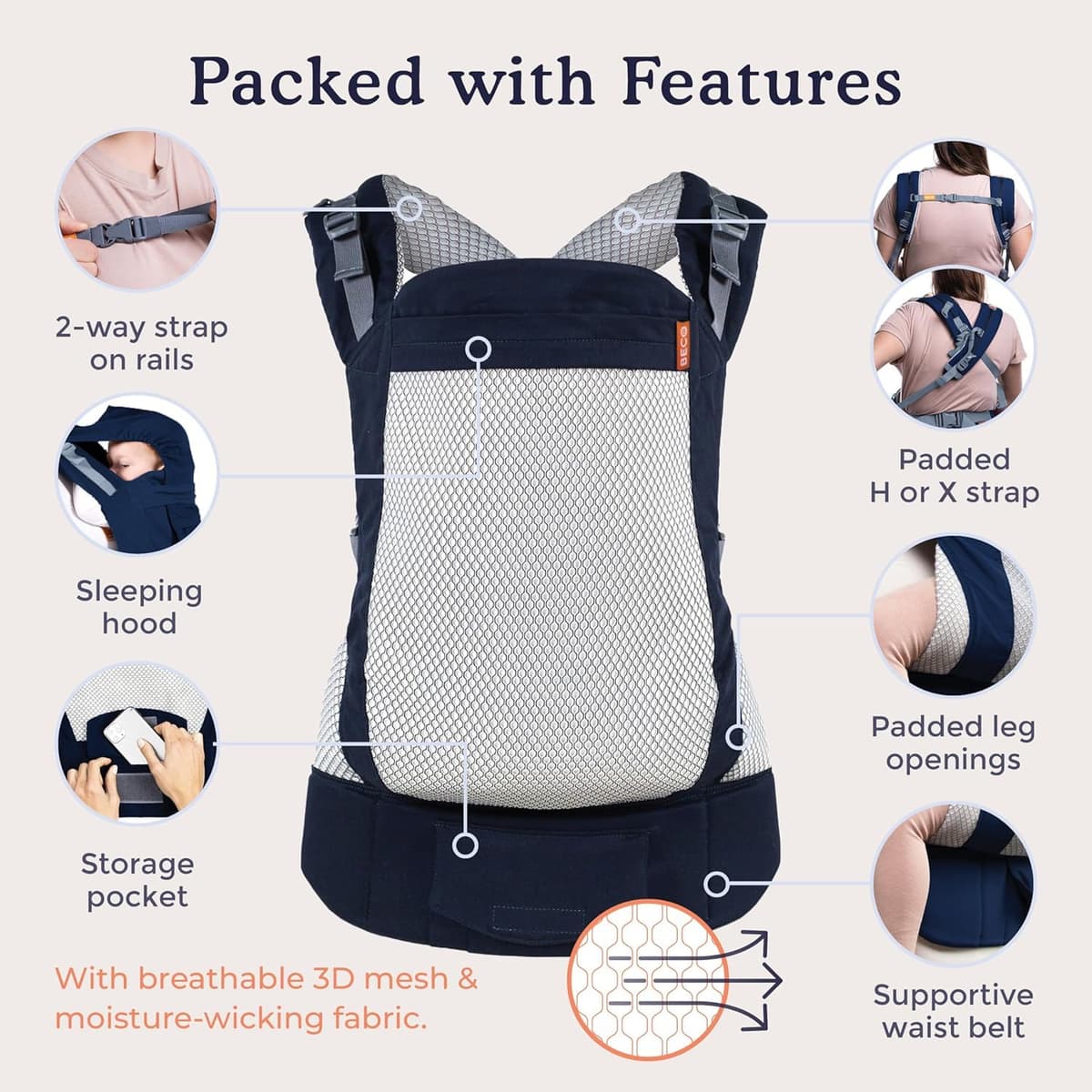 Beco Toddler Carrier with Breathable 3D Mesh & Extra Wide Seat - Front-Carry & Backpack Style - Lightweight Sling Carrier for Children (24-48 Months) - Cool Navy — view 3