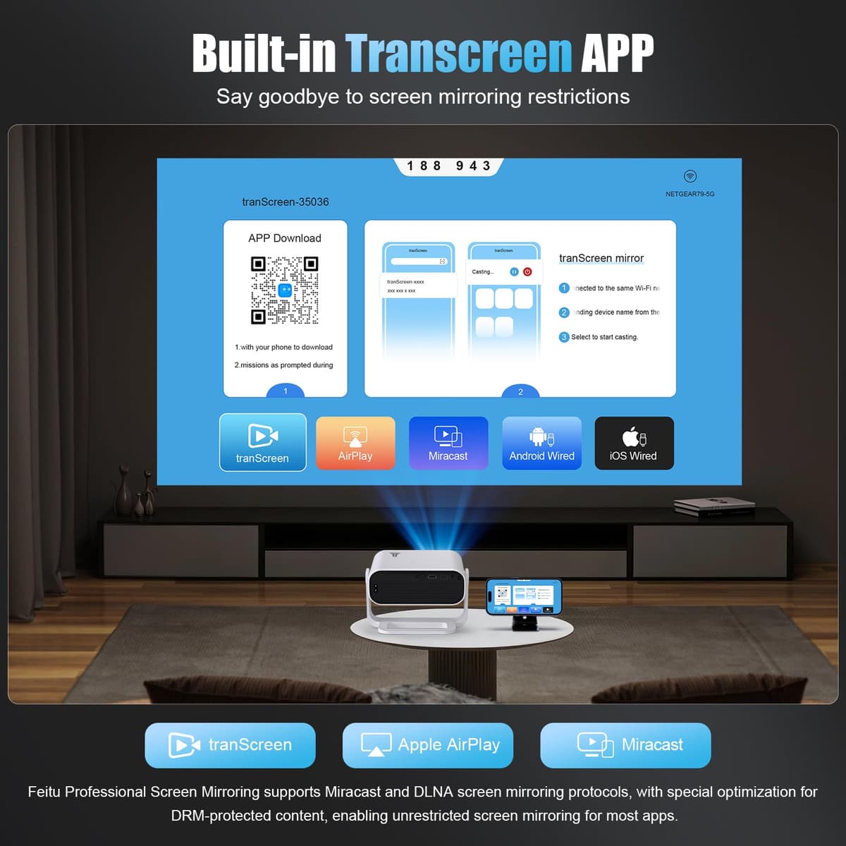 Wielio Smart Projector Built-in Apps, Native 1080P WiFi 6 Bluetooth 5.2, Low Fan Noise (<30dB), Home Cinema Projector for iOS/Switch /PS5 — view 5