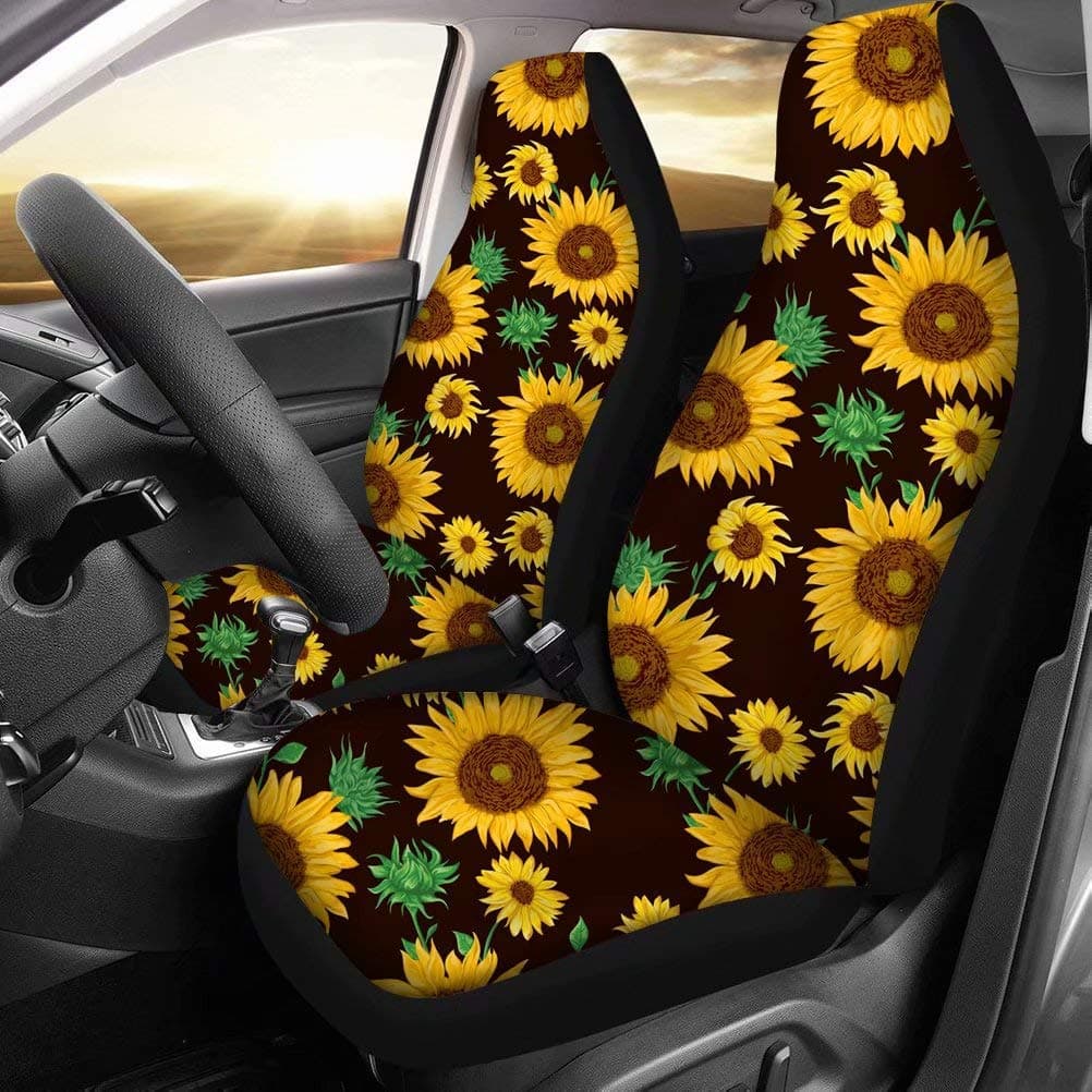 Showudesigns Universal Car Seat Cover Full Set Flower Bee Print Front Seat Covers 2 pc Protector Car Mat Covers, Fit Most Vehicle, Cars, Sedan, Truck, SUV, Van Yellow — view 5
