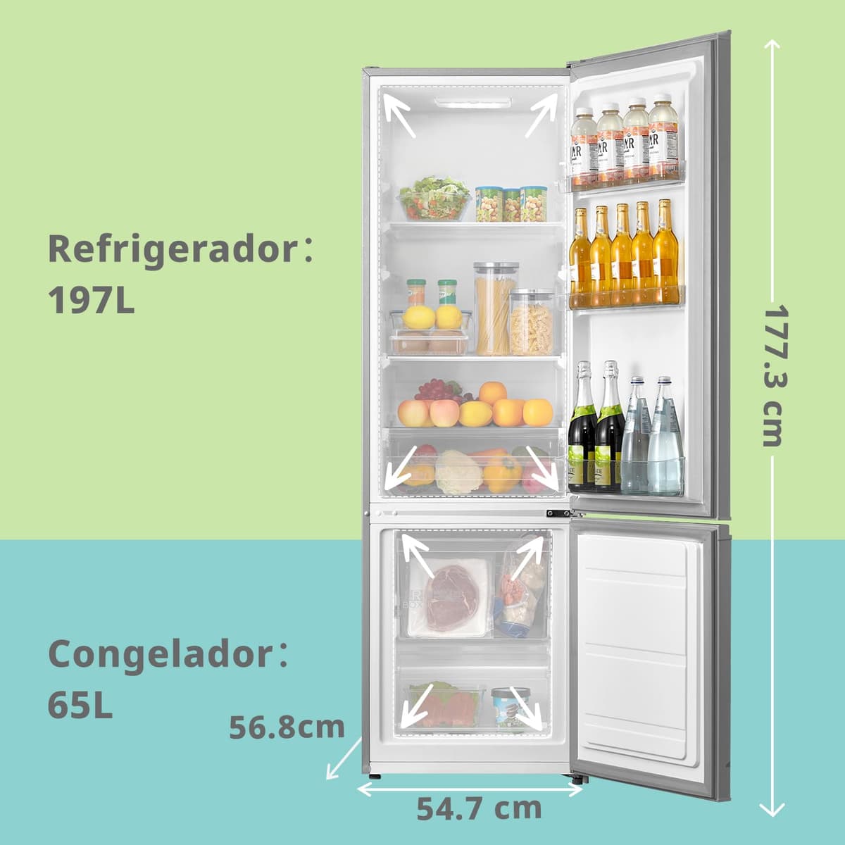 Comfee' RCB359IX2 Frigorífico combinado, 262L, Gran capacidad, Low frost, Altura 177,3 cm, Bajo nivel de ruido 39 dB, Luz LED, Temperatura regulable, Acero inoxidable — view 3