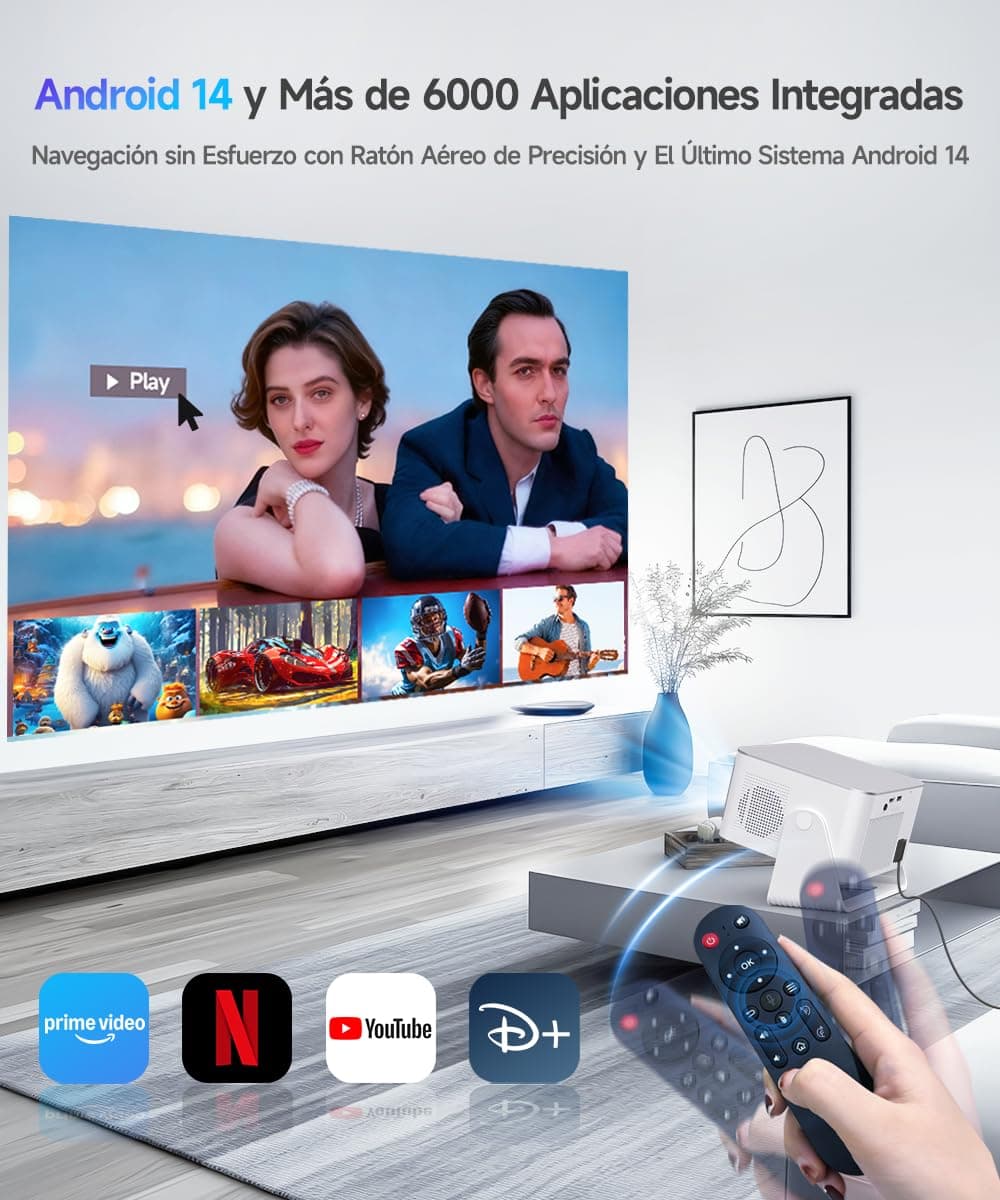Alwtniet Proyector Portatil 4K 8K, Native Full HD 1080P Mini Projetor Android 14, WiFi 6 Bluetooth 5.4, Autoenfoque 6D Auto Keystone 180° Rotación para Cine Móvil en Casa Smart TV Tiro Ultra Corto — view 2