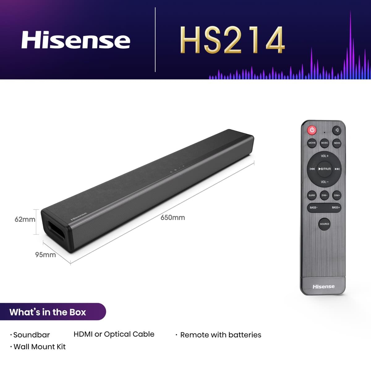 Hisense HS214 Soundbar All-in-one, Wireless Bluetooth, Powerful Bass Built-in, Compact Design, AUX, HDMI, USB, TV, PC Speaker — view 2