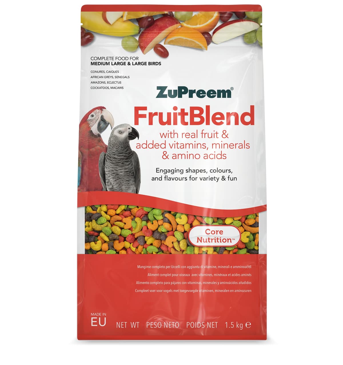 Zupreem Multifrutas Alimento para Aves de Compañía - Frutas y Vitaminas - Pienso para Pájaros Indicado para Loros, Guacamayos, Cacatúas, Caiques y Otros Pájaros Medios-Grandes y Grandes - 1,5 kg