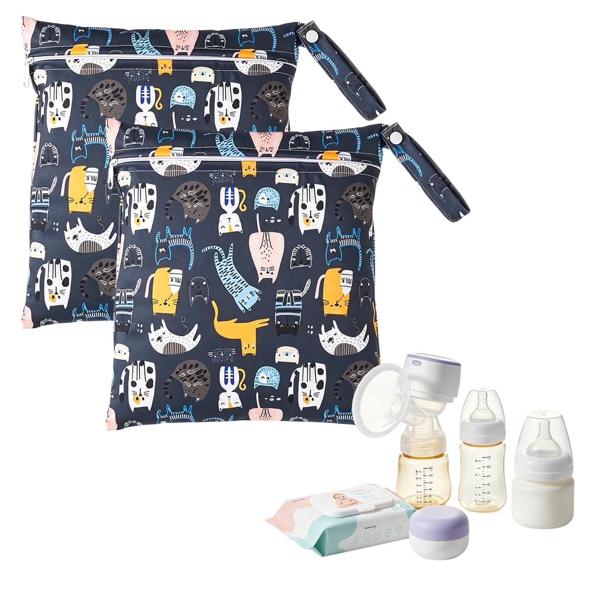 Cosiesnest 2 Packs Cartoon Print Wet Dry Bags | Waterproof Reusable Nappy & Swim Bag | Travel Laundry Bag,Single Zipper Pouch for Swimming, Beach, Nursery & Travel (12x11 inch) (A-cat) — view 2