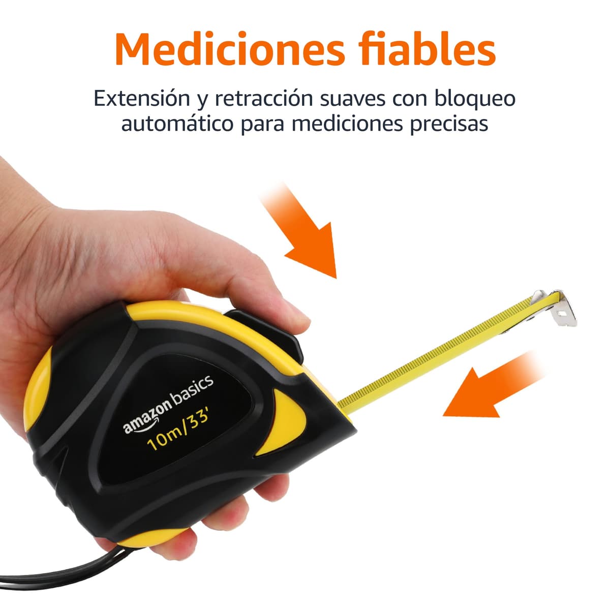Amazon Basics Cinta métrica con cierre automático, escala y en pulgadas, precisión MID, 10 m (Paquete de 1), Negro, Amarillo — view 3