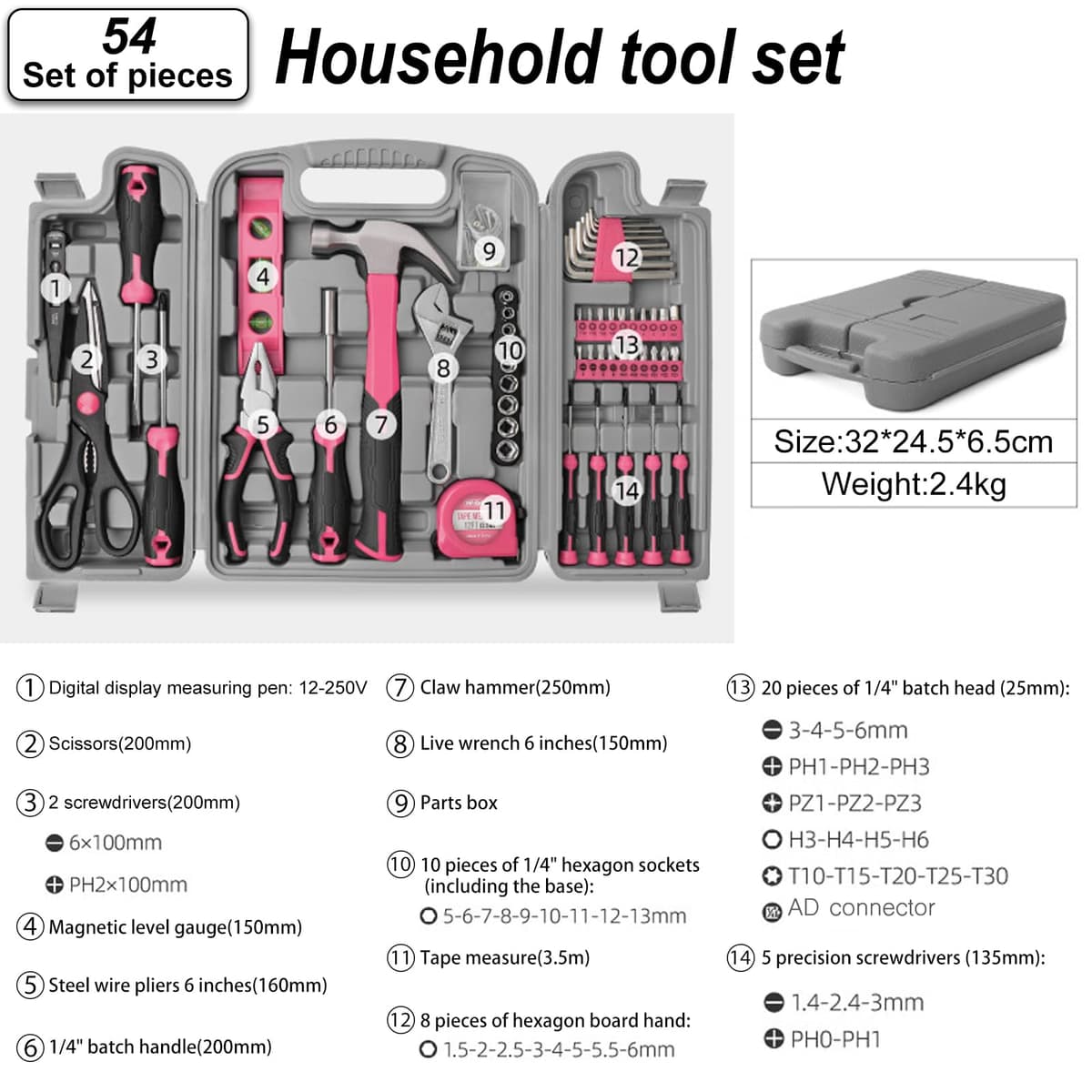 54pc Tool Set General Household Toolkit with Toolbox Storage Case, Pink Home & Office DIY Tool Kit Set, Essential Hand Tools Included for Basic Repairs, Maintenance & Home Improvement Projects — view 4