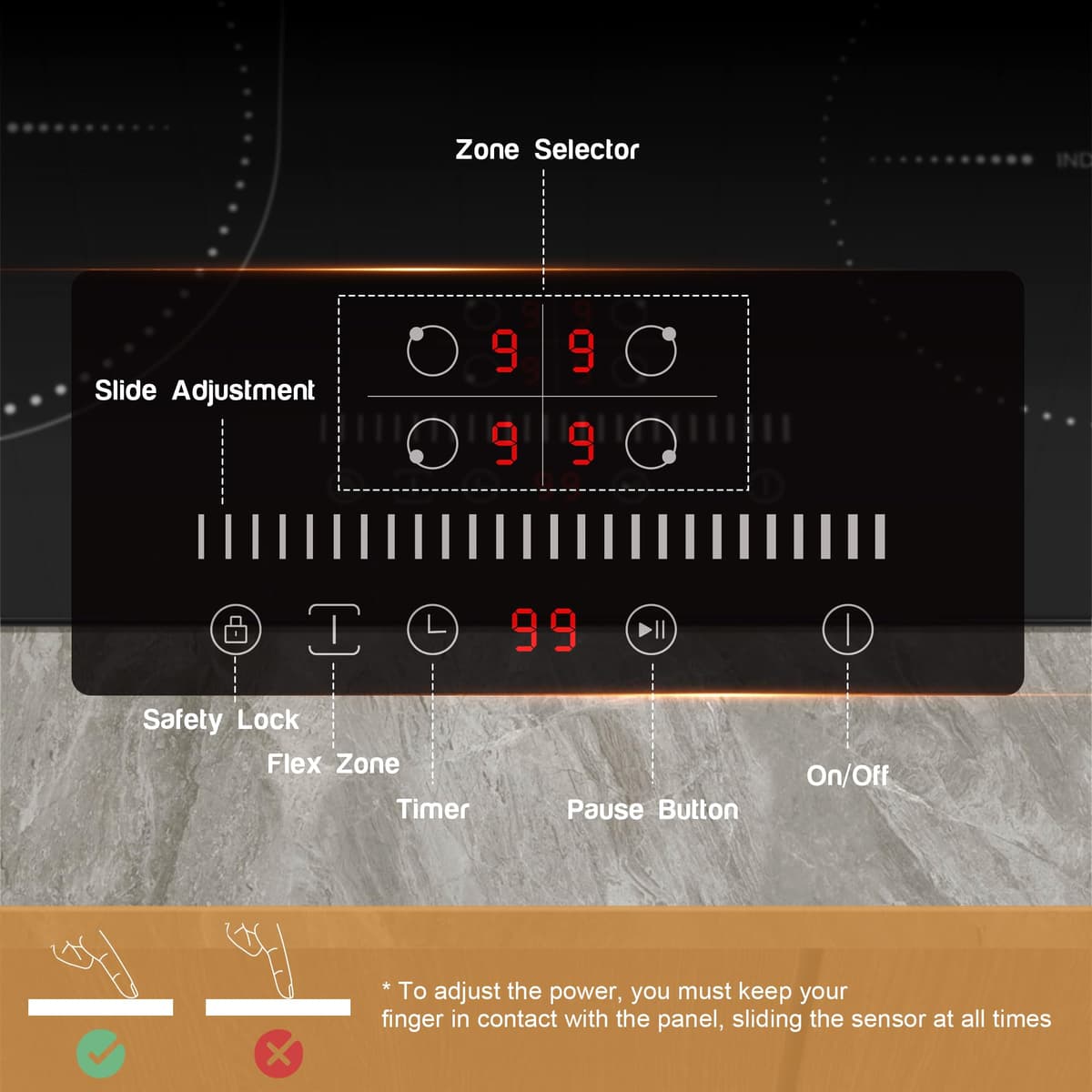 NOXTON Plug in Induction Hob 60 cm Flex Zones with 13AMP Plug, Induction Hob 4 Ring Built-in Slide Control, Timer, Pause Function, Safe lock, 2800W, 220V-240V — view 4