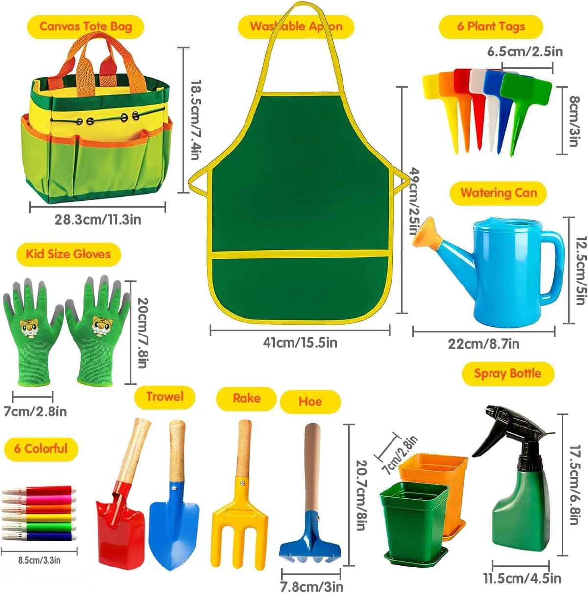 Kids Gardening Tools, Toddler Gardening Set for Kids Includes Rake, Shovel, Trowel, Apron Gloves Watering Can and Tote Bag, Spray Bottle, Kids Garden Tools Best Outdoor Toys Gift for Boys and Girls — view 4