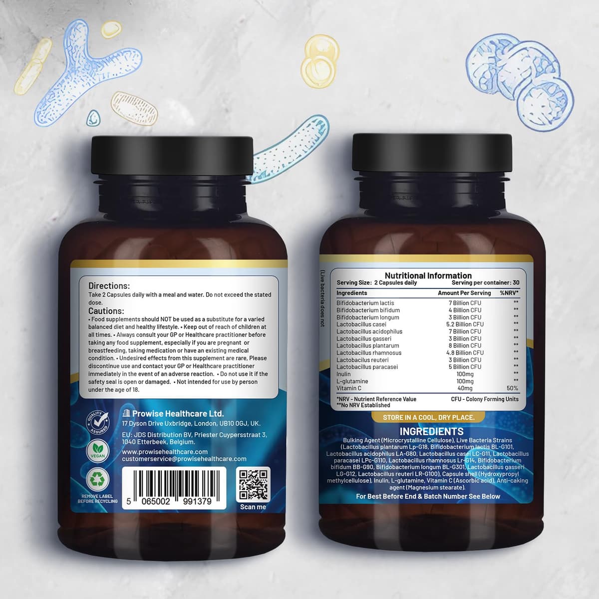 Bio Cultures Complex Probiotics and Prebiotics - 50 Billion CFU - 10 Live Bacteria Strains – Added with Inulin, L-Glutamine & Vitamin C - 60 Capsules | Advanced Probiotic for Women & Men by Prowise — view 2