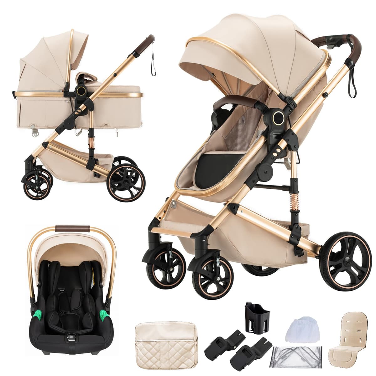 3 in 1 Baby Stroller with Height Adjustable Handle,3 in 1 Prams Travel System, Lightweight Foldable Pushchair, Prams with Aluminum Frame for Portable Baby Carriage (D2 Pink, H2-D) — view 15