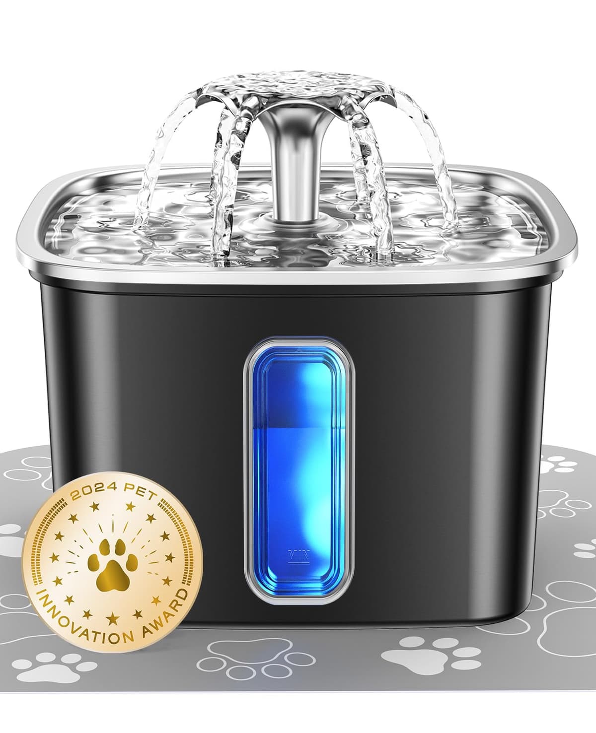 Veken Innovation Award Winner Stainless Steel Cat Water Fountain, 108oz/3.2L Automatic Pet Fountain Dog Water Dispenser with 3 Replacement Filters & Silicone Mat, Gifts for Cats, Dogs (Silver) — view 16