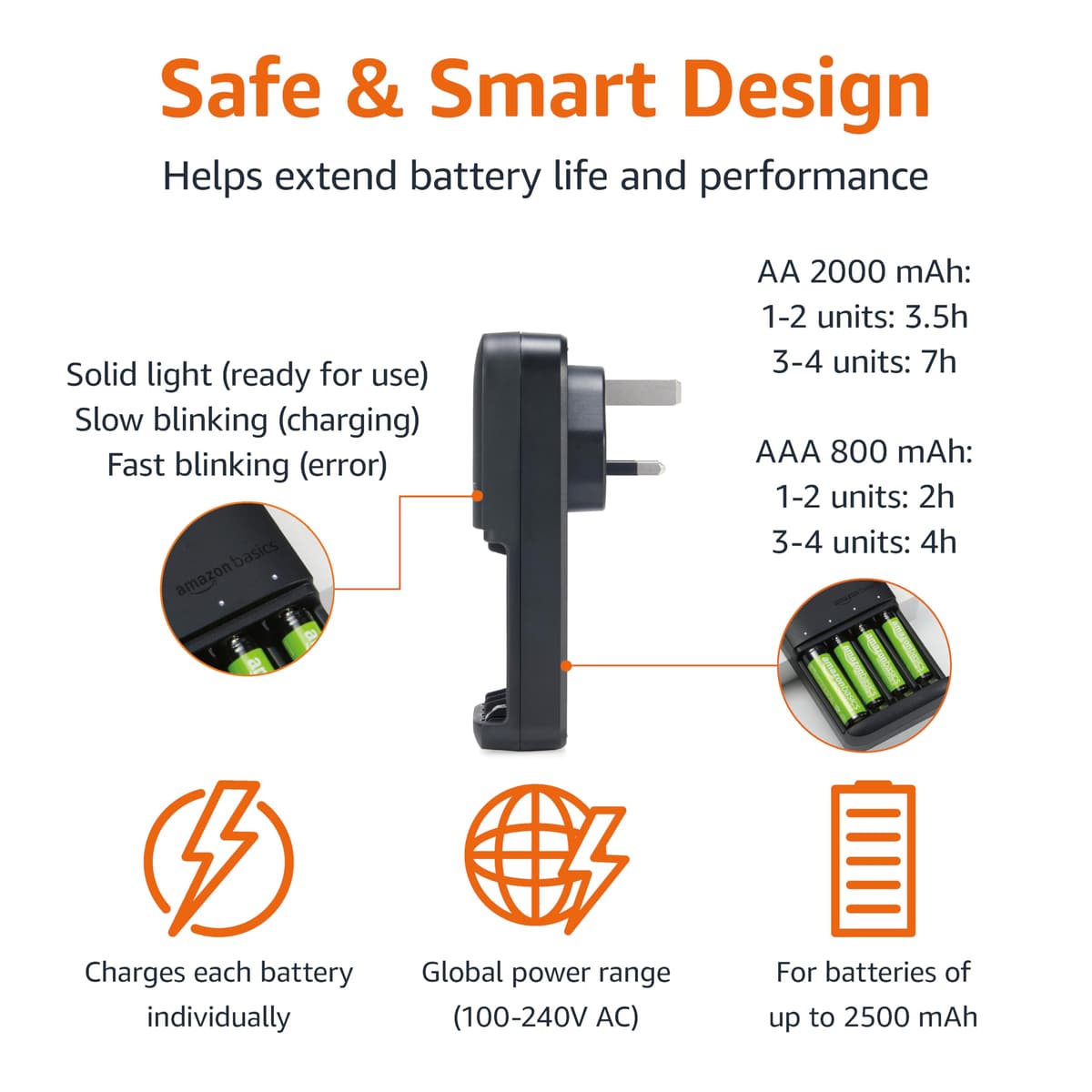 Amazon Basics Battery Charger for Rechargeable AA and AAA NiMh Batteries – UK Plug, 4-Bay, Black — view 2