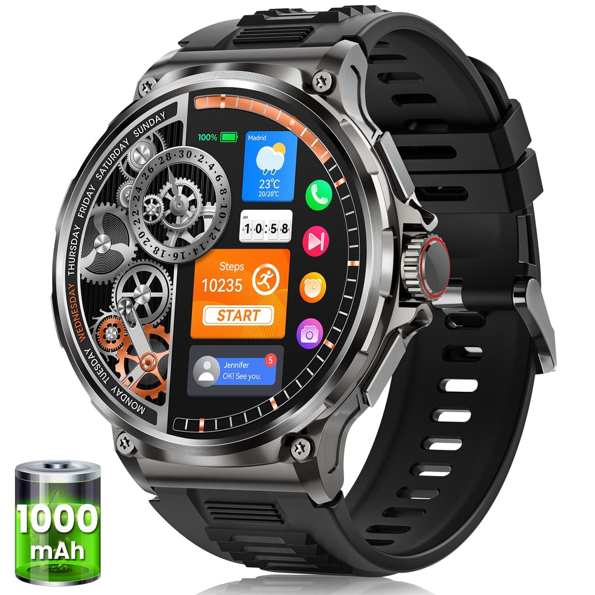 Reloj Inteligente Hombre con 1000mAh Batería, 1.92" AMOLED, 5ATM Impermeable Smartwatch Militar con Llamadas, 120+ Modos Deportivos, 24/7 Pulsómetro/Sueño/Podómetro Pulsera Actividad Android iOS Negro — view 9