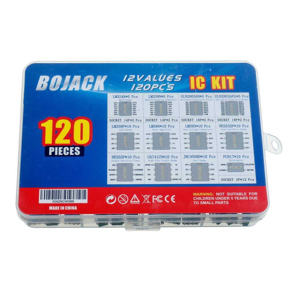 BOJACK 12 Values 120 Pcs IC Opamp Timer Darlington Phototcoupler oscillator pwm LM324 LM339 ULN2003AN ULN2803APG LM358P LM386 LM393 NE5532P NE555P UA741CN JRC4558D PC817 Assortment Kit — view 4