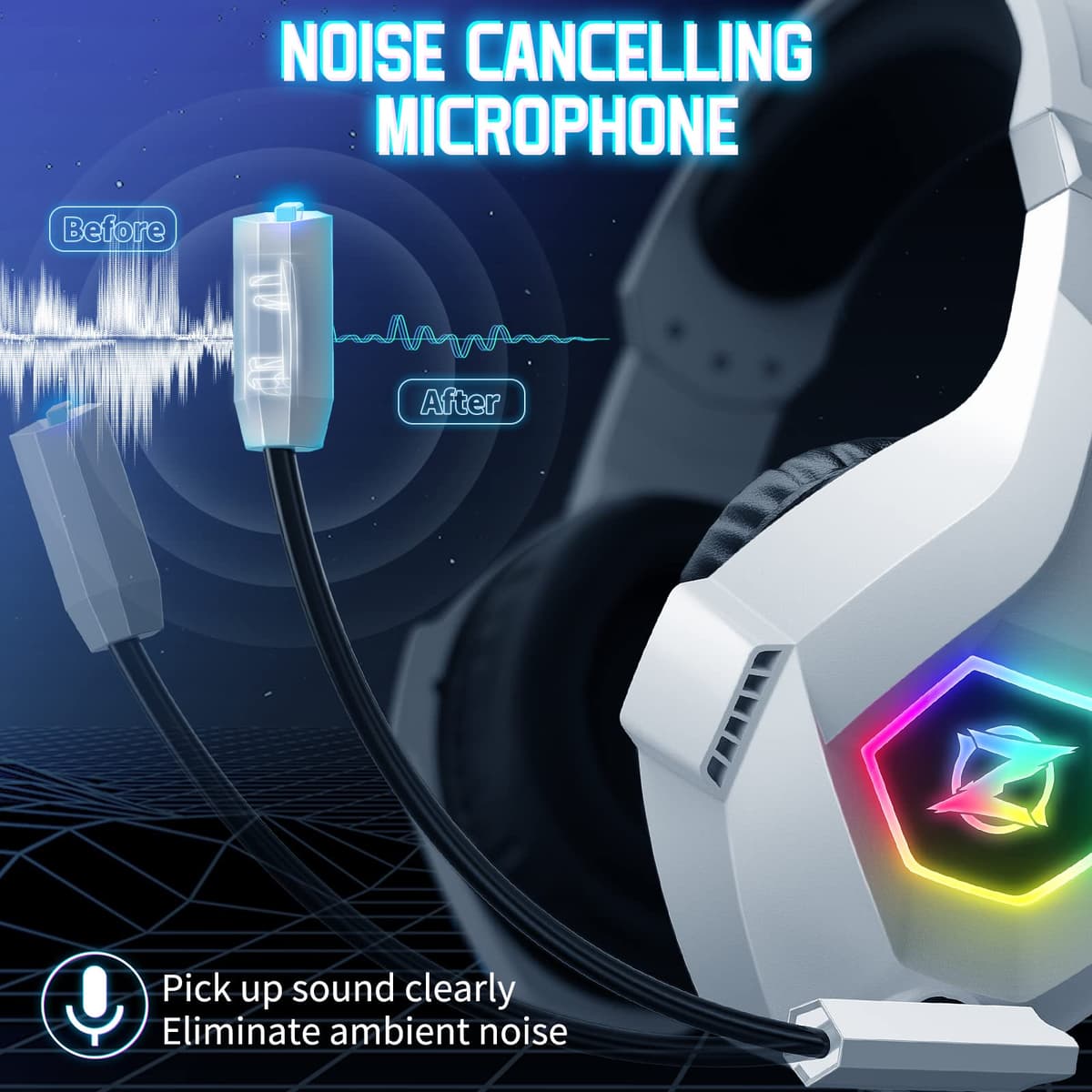 Ozeino Gaming Headset for PS5 PS4 PC, Over-Ear Headphones with Surround Sound & RGB Light for Xbox one Switch Mac Laptop (white) — view 2