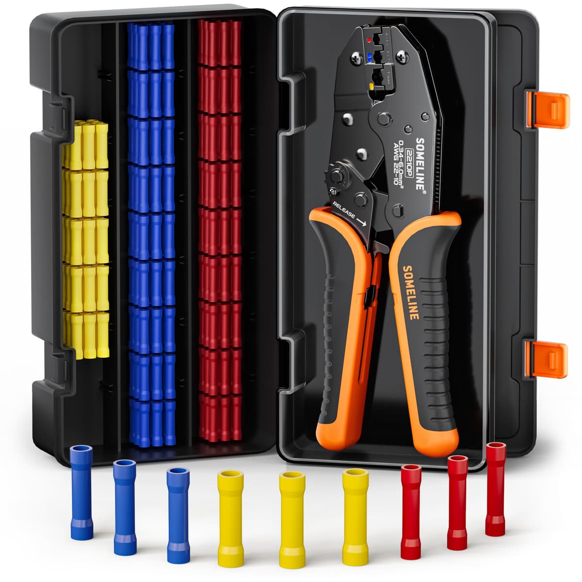 SOMELINE Kit de Crimpadora Terminales Eléctricos, 39 Tipos de Terminales Preaislados, 0,34–6 mm² Crimpadora Autoajustable de Trinquete, para Electricista, Automoción y Bricolaje — view 14