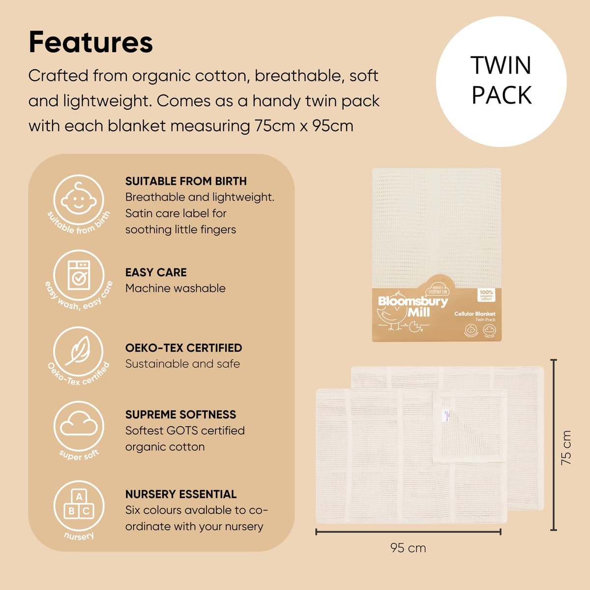 Bloomsbury Mill - Cellular Blankets Baby - Soft 100% Organic Cotton Baby Blanket - Pack of 2 - Essentials For Newborn - Ideal for Cot Bed, Travel, Car Seat, Pram, Moses Basket - Cream 75x95cm — view 3