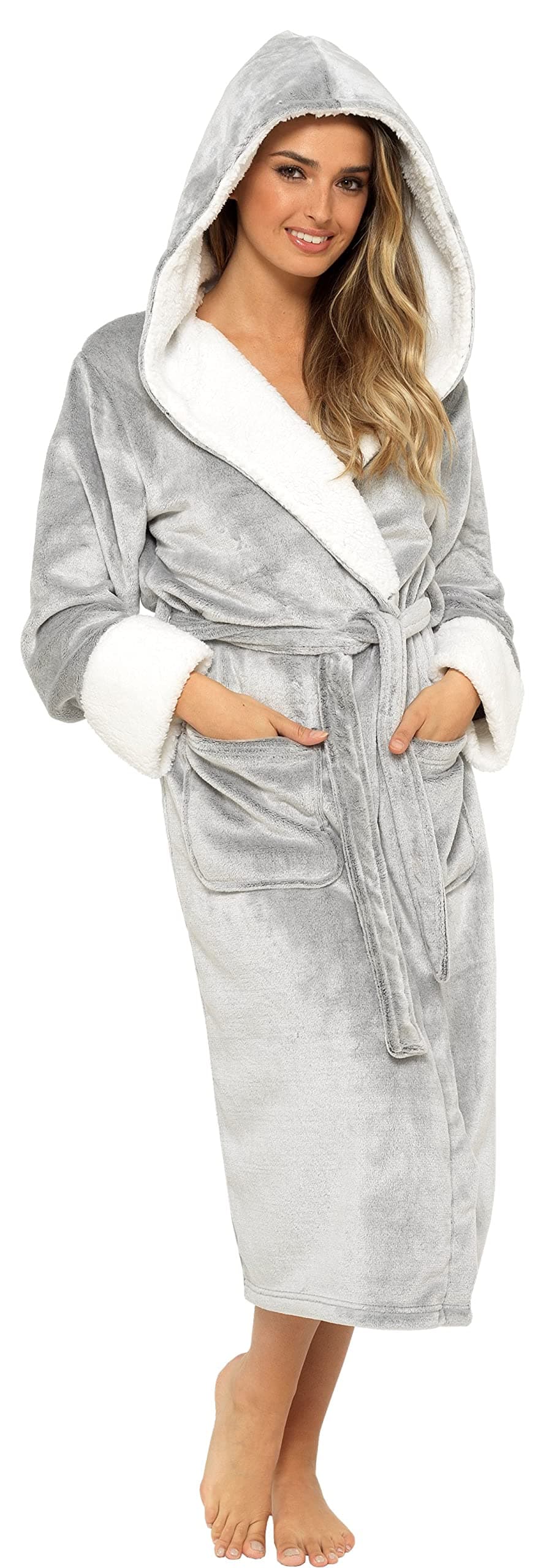 KATE MORGAN Ladies Dressing Gown Fluffy Super Soft Hooded Bathrobe for Women Plush Fleece Perfect Loungewear Long Robe | Gifts for Women — view 7
