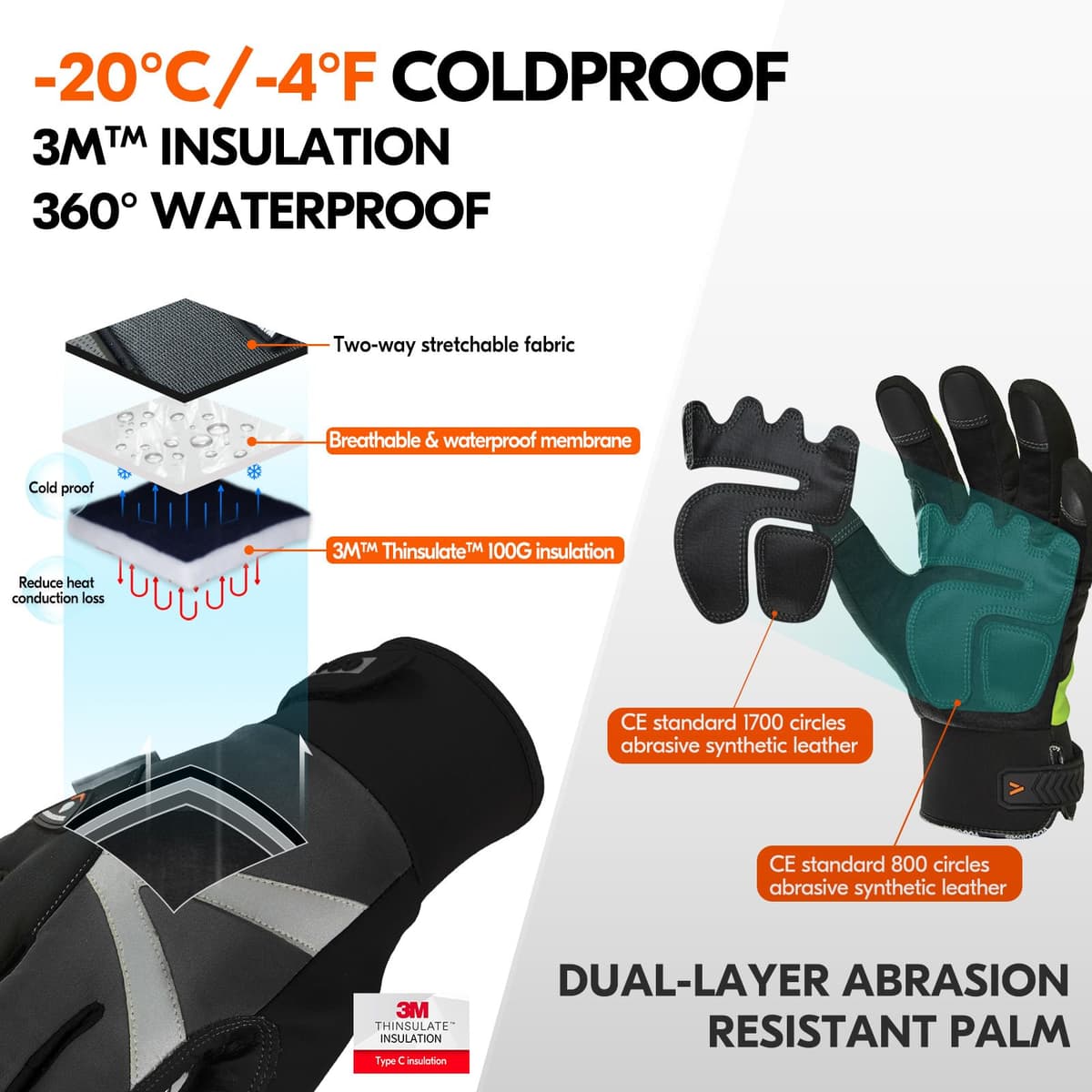 Vgo... 1-Pair -4℉ or above Thinsulate C100 Lined High Dexterity Touchscreen Synthetic Leather Winter Warm Work Gloves, Waterproof Insert (XL,Black,SL8777FW) — view 2