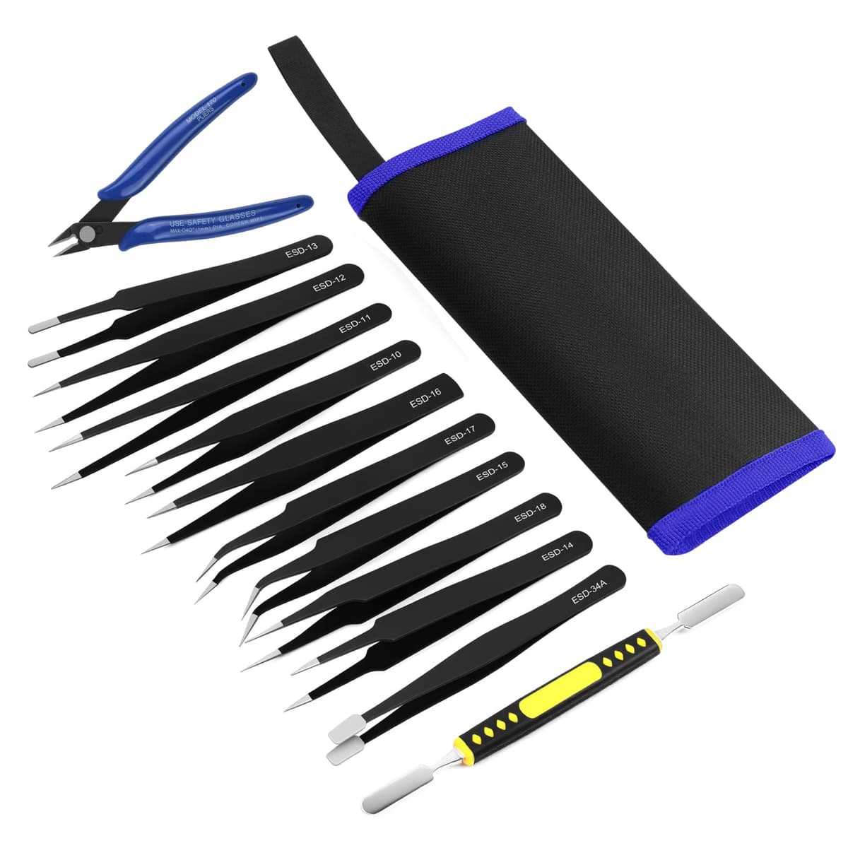 Ainiv Kit 12 Pcs Pinzas de Precisión, Tweezers ESD Anti-Estáticas de Acero Inoxidable Electrónicas, Trabajo de Laboratorio, Joyería, Maintenance Tools, Negro — view 8
