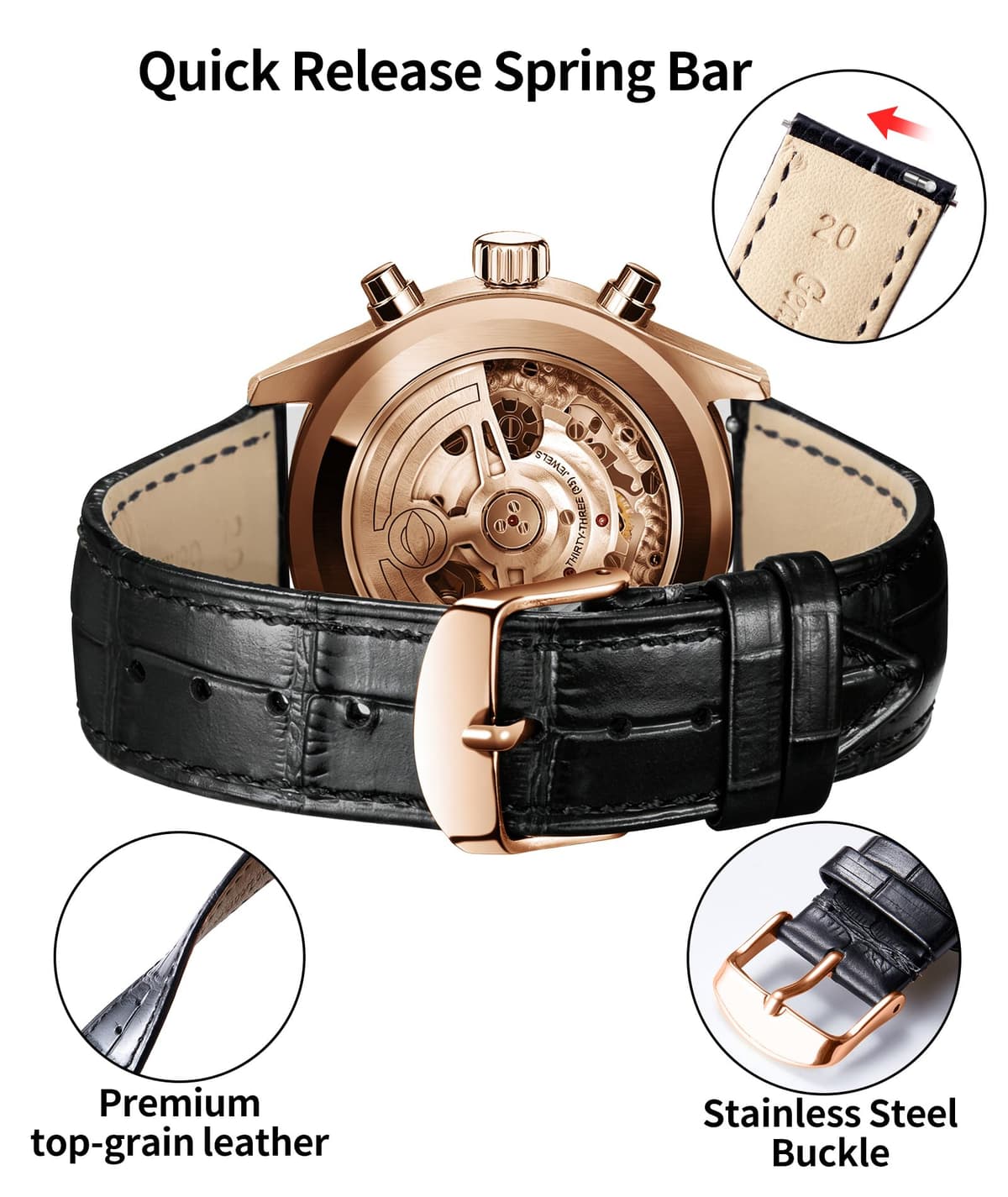 BINLUN Quick Release Leather Watch Straps Replacement Watch Bands Smart Watch Strap Crocodile Pattern in 10 Colors 13 Sizes with Silver/Gold/Rose-Gold Buckle for Men Women(10mm-24mm) — view 153
