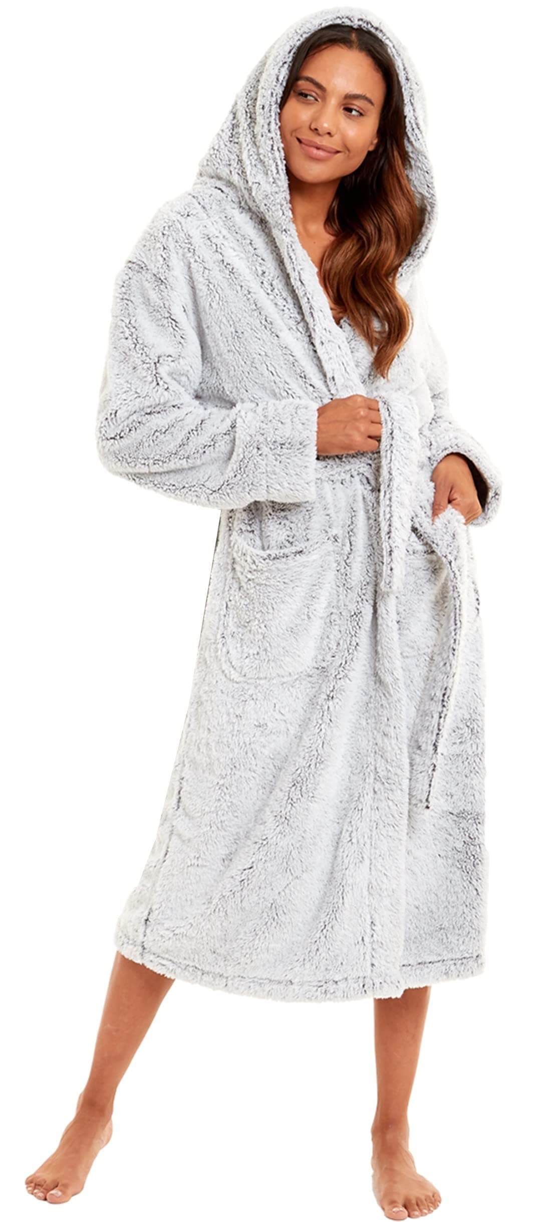 KATE MORGAN Ladies Dressing Gown Fluffy Super Soft Hooded Bathrobe for Women Plush Fleece Perfect Loungewear Long Robe | Gifts for Women — view 20