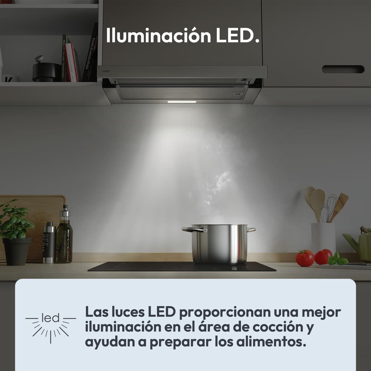 Candy CBT6130/3X, Campana Telescópica 60 CM, 2 Niveles de Potencia, 125W, 264M3/H, Filtros de Carbono, Panel Aluminio Antigrasa, Iluminación LED, 53/60DB, Acero Inoxidable — view 4