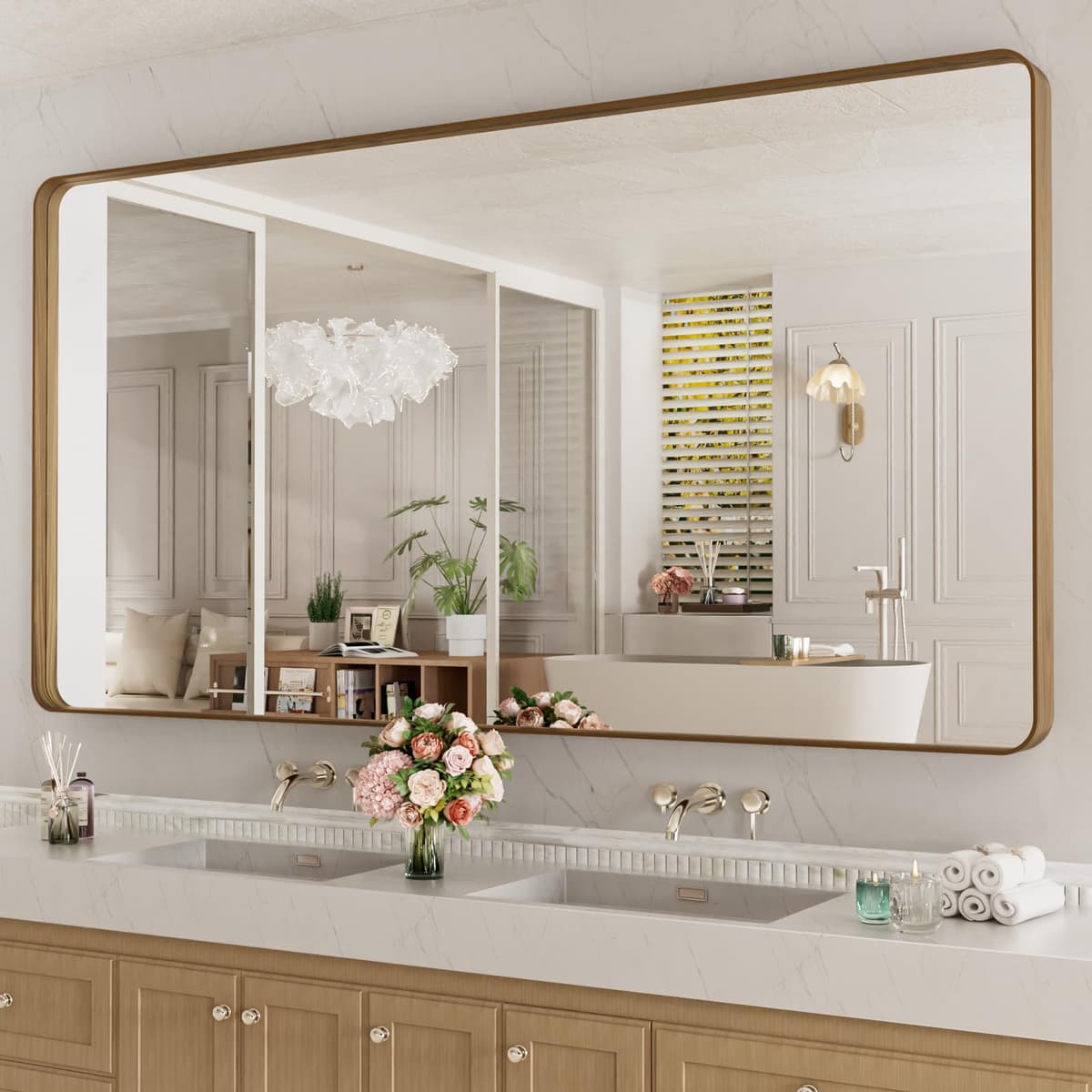 LOAAO 48”X36” Gold Bathroom Mirror, Rounded Rectangle Gold Frame Mirror, Brushed Gold Bathroom Vanity Mirror Wall-Mounted, Anti-Rust, Tempered Glass, Hangs Horizontally or Vertically — view 18