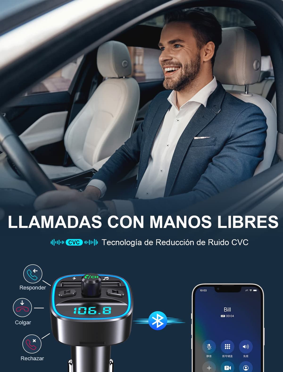 Mohard Transmisor FM Bluetooth Coche, Manos Libres Adaptador Bluetooth Coche Mechero, Musica Radio Inalámbrico Reproductor MP3, Puertos USB Duales (5V/2.4A & 1A), Soporte Unidad Flash USB y Tarjeta TF — view 3