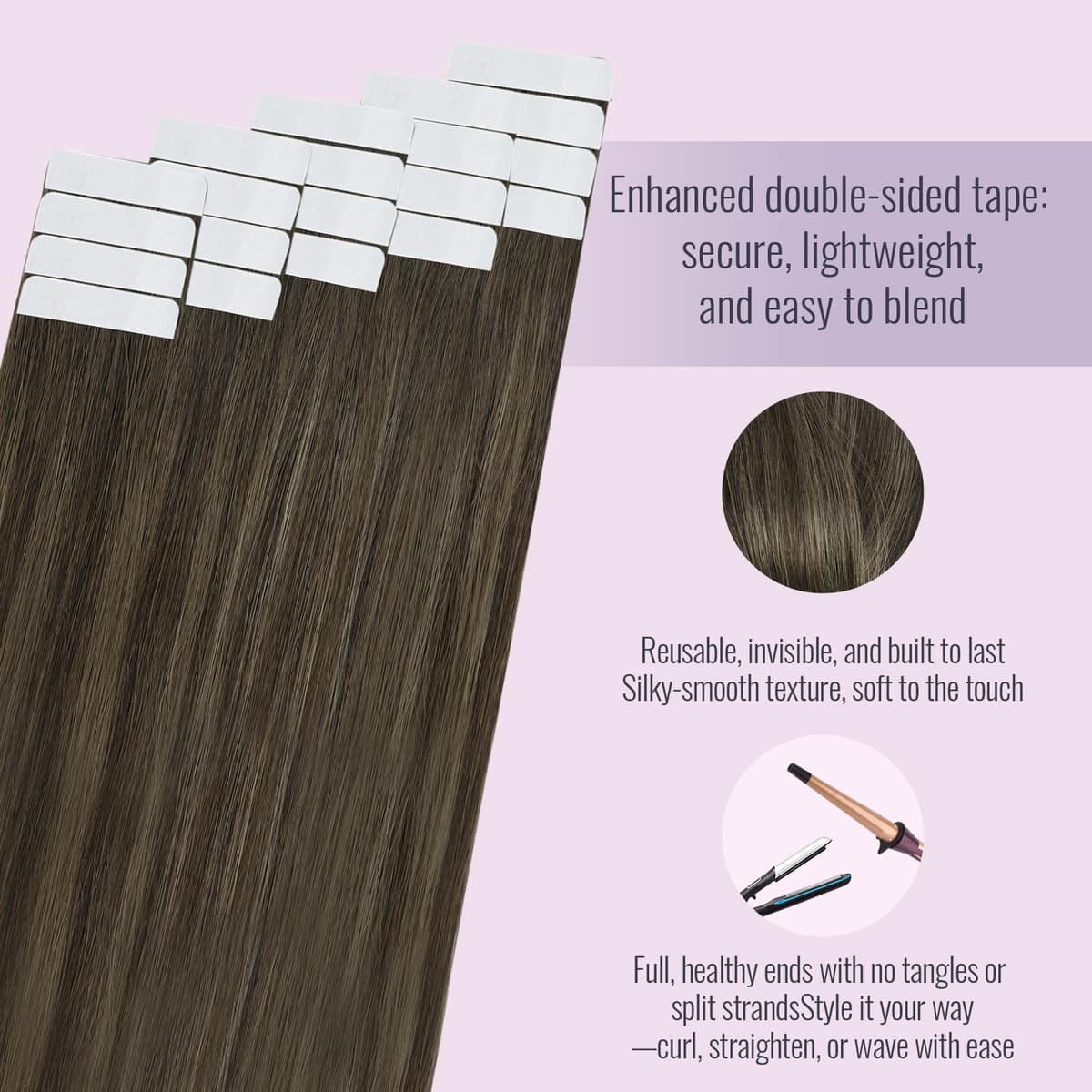 Fshine Extensiones Adhesivas Para El Cabello Balayage Marrón Oscuro a Castaño Extensiones De Cinta Adhesiva 50cm 50g Tape In Extensions Remy Color 2 8 2 — view 3
