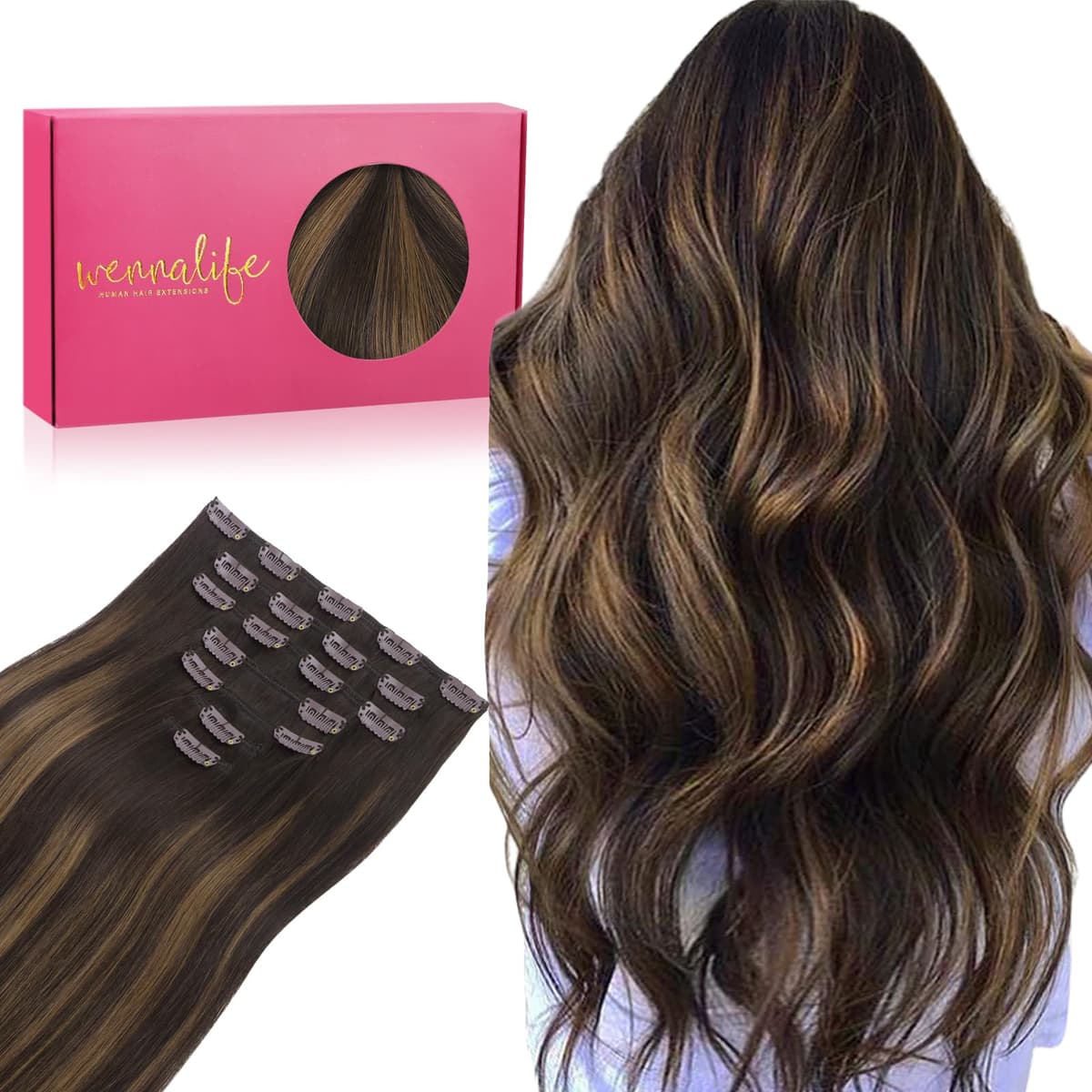WENNALIFE Extensiones Clip Pelo Natural, 35cm 120g 7 Piezas, Balayage Marrón Oscuro Mezcla de Castaño Extensiones Cabello Postizos Remy para Mujer