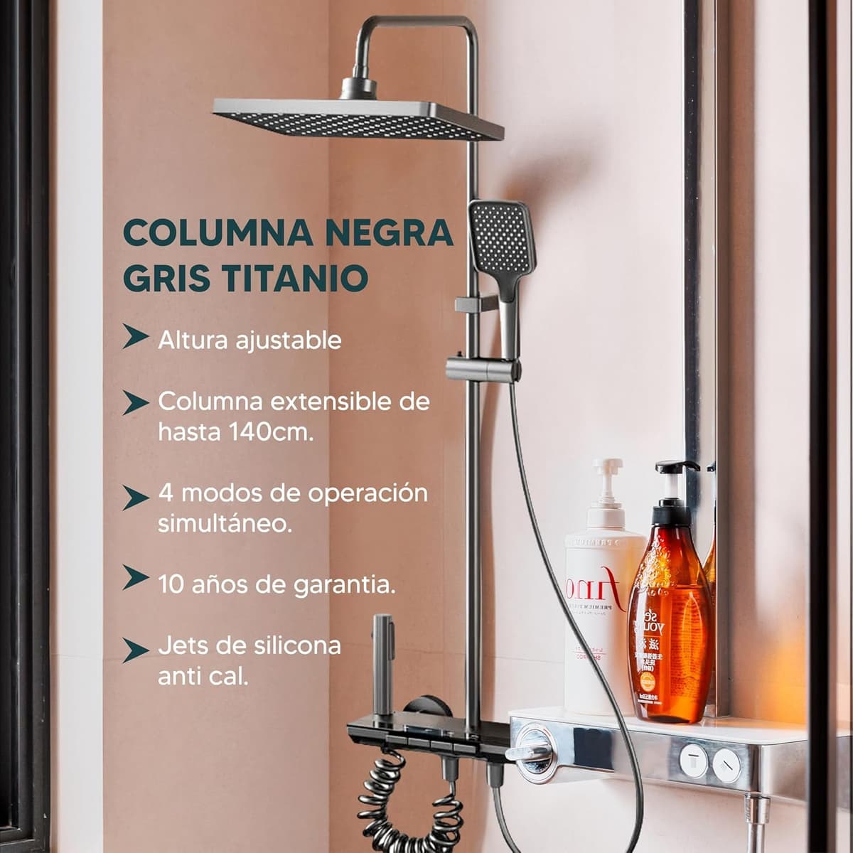 INEX EUROPA Columna Ducha Negro Gris Titanio con Cabezal Cuadrado - Columna de Ducha 4 Modos y Altura Ajustable – Cabezal, Chorro, Grifo y Alcachofa de Ducha – 10 Años de Garantía — view 4